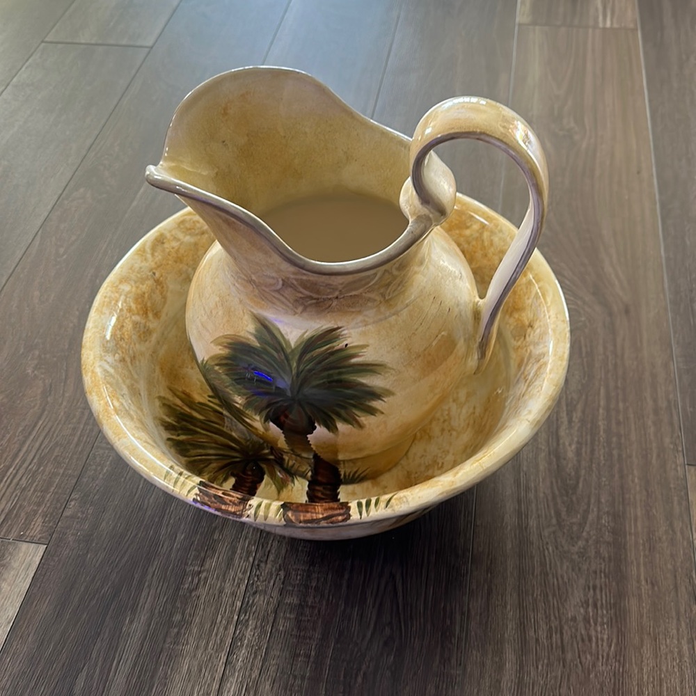Palm Tree Decorative Pitcher and Bowl